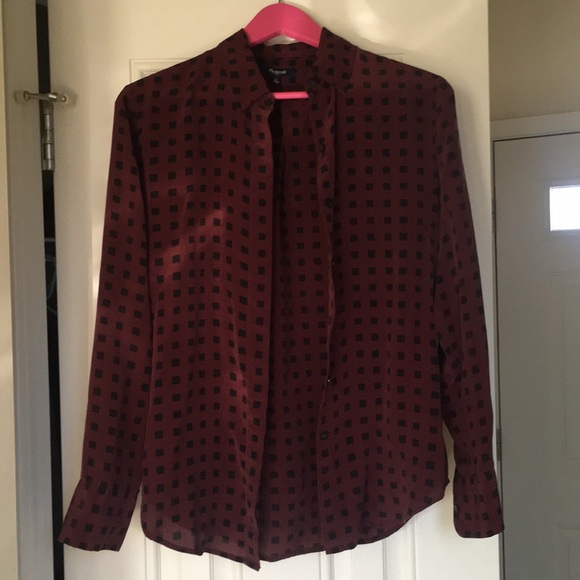 Madewell Burgundy Check Silk Blouse, S - Picture 1 of 6